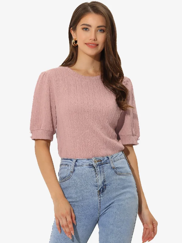 Casual Knitted Top Texture Round Neck Short Puff Sleeve T-Shirt