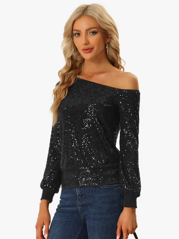 Off Shoulder Sequins Tops Disco Party Sparkly Glitter Top