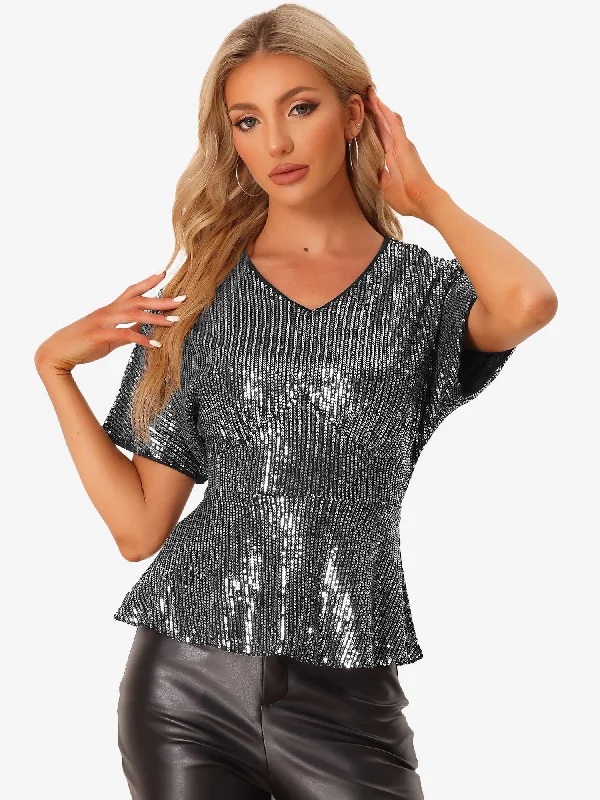 Sequin Casual Short Sleeve V Neck Side Zipper Ruffled Hem Blouse