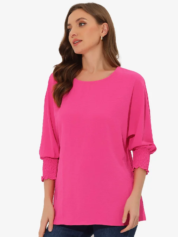 Puff Sleeve Blouse Round Neck Short Sleeve Blouse