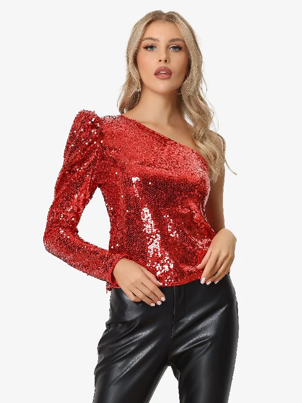 Sparkly Sequin One Shoulder Puff Long Sleeve Shimmer Tops