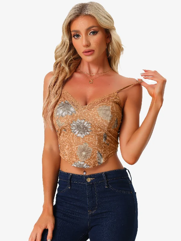 Retro Floral Print Mesh Lace Sleeveless Crop Cami Top