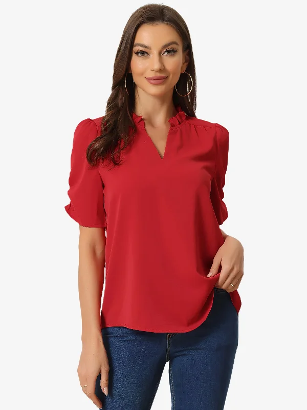 Casual Blouse Ruffled Stand Collar V Neck Short Sleeve Top