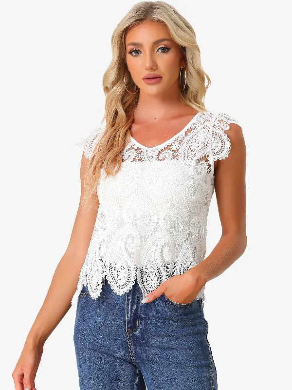 Paisley Lace Sheer Crochet Summer Boho Cropped Blouse