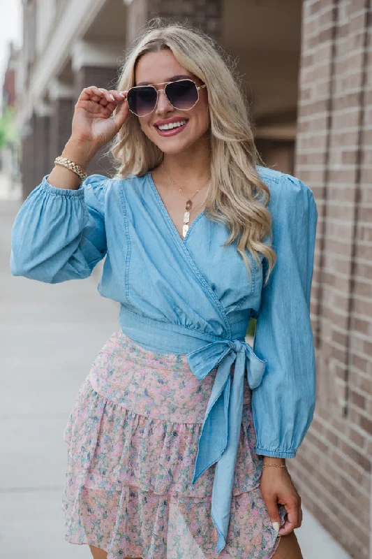 Per Diem Light Wash Chambray Wrap Blouse