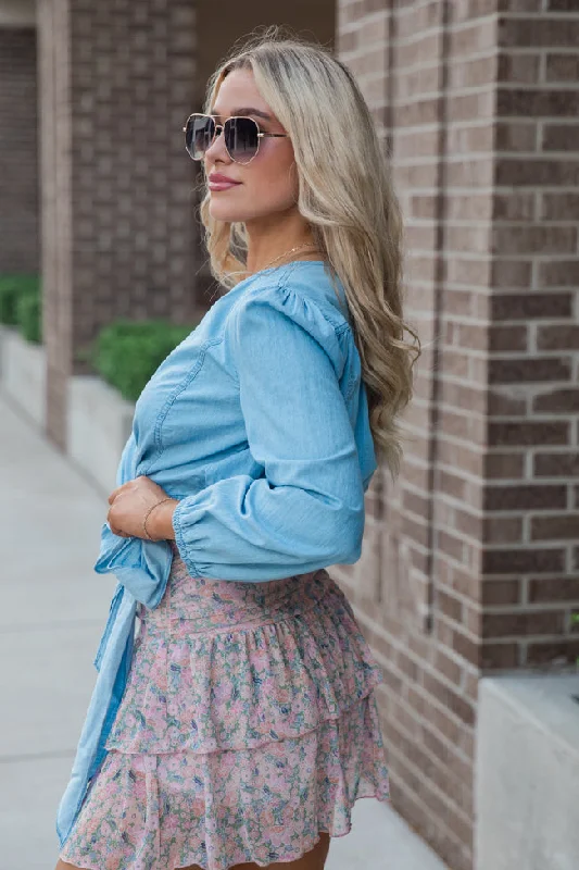 Per Diem Light Wash Chambray Wrap Blouse