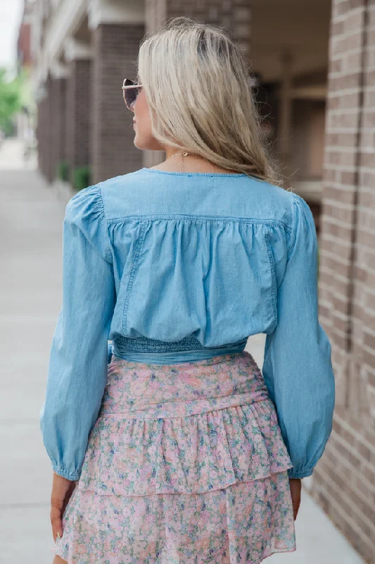 Per Diem Light Wash Chambray Wrap Blouse