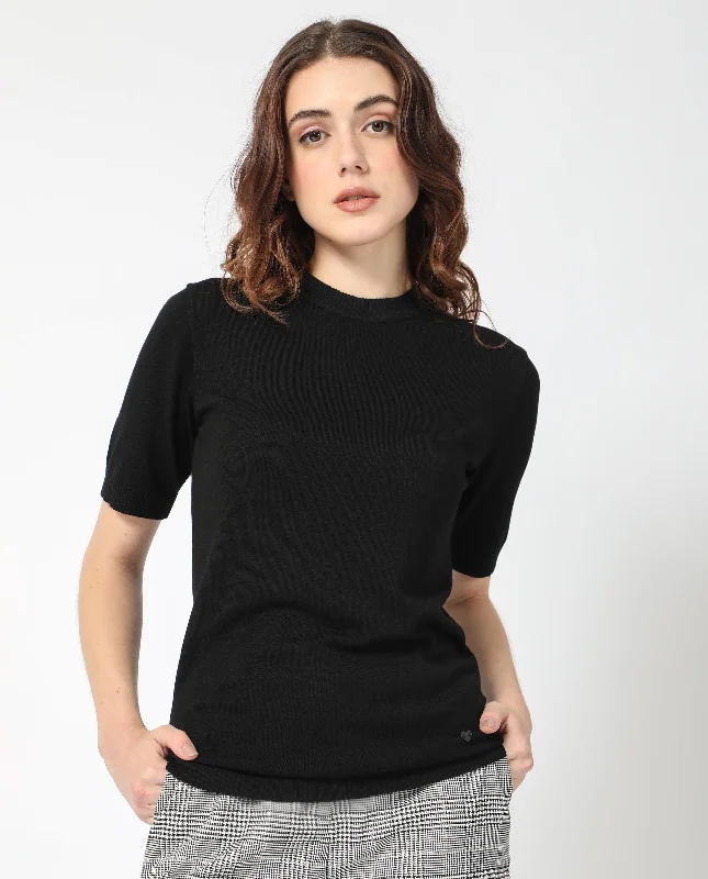 Rareism Women'S Rohrdo Black Viscose Fabric Half Sleeves Regular Fit Solid Round Neck Sweater