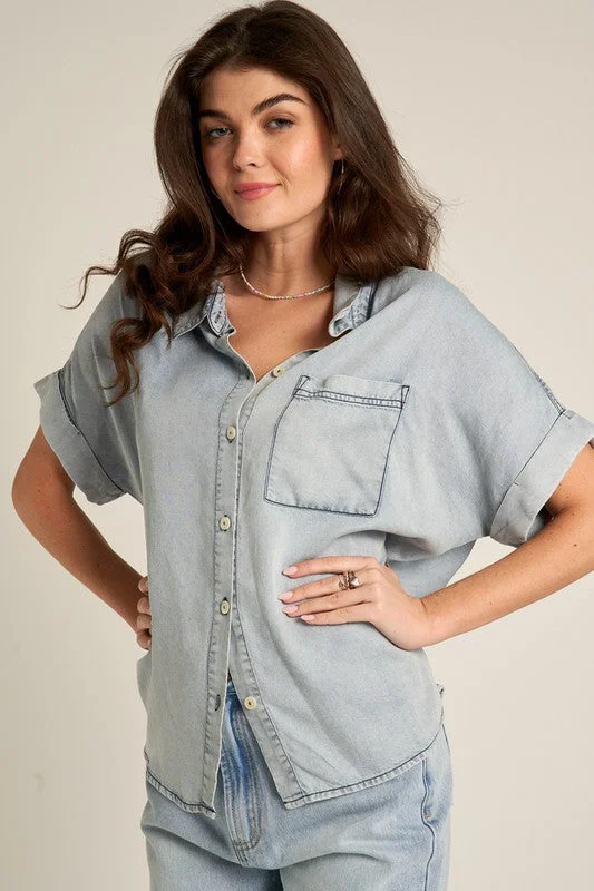 Roxanne Short Sleeve Button Down Denim Top Light Wash