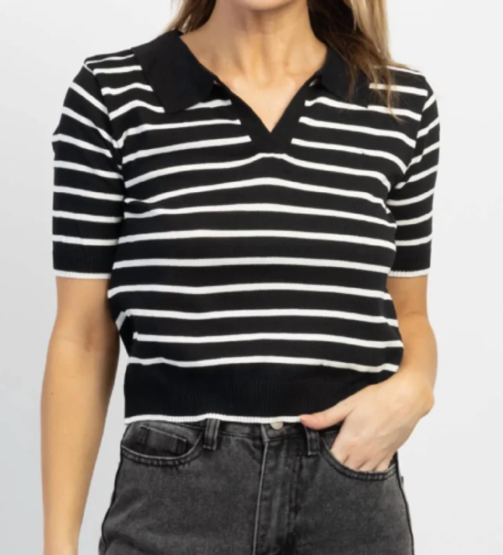 Rue B+W Collared Knit Top In Black