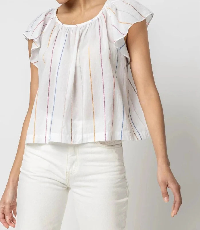 Shirred Short Sleeve Raglan Top In Multi Stripe