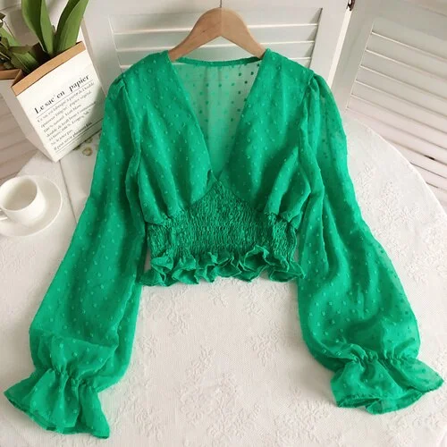 Sixsr  Women Fashion Spring Women Sweet Spot Blouse Ladies Fashion Chiffon Pullover Shirt V-neck Slim Long Puff Sleeve Folds Tunic Short Top