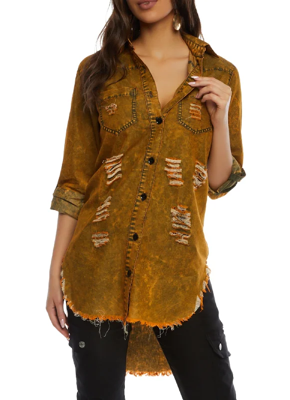 Distressed Acid Wash Button Front Shirt