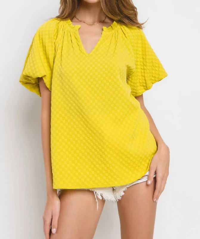 Textured Bubble Sleeve Top In Yellow