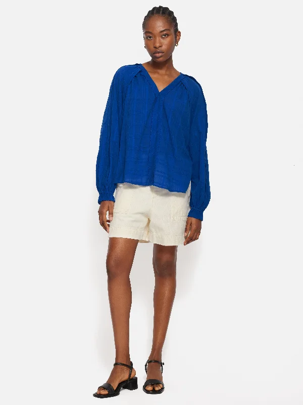 Textured Cotton V Neck Top | Blue