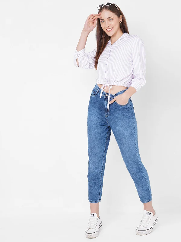 Women Lilac White Stripe Crop Shirt