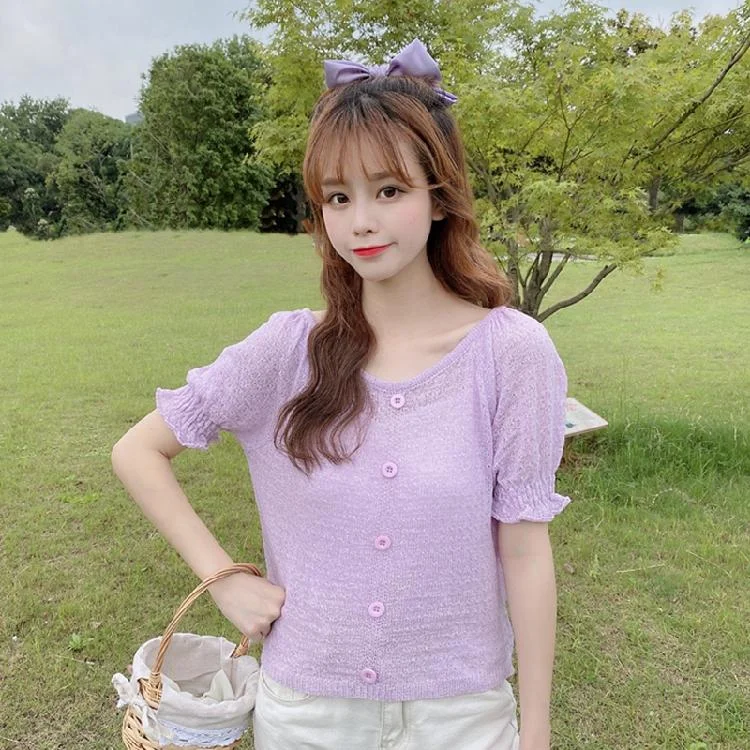 Women's Casual Single-Breasted Round Collar Mesh Tops