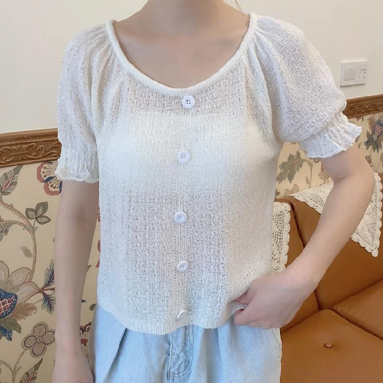 Women's Casual Single-Breasted Round Collar Mesh Tops