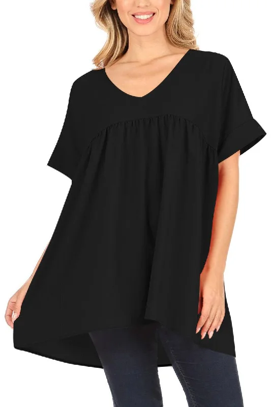 Women's Casual Woven Short Sleeve V-Neck Daily Office A-Line Relaxed Blouse Top S-3XL