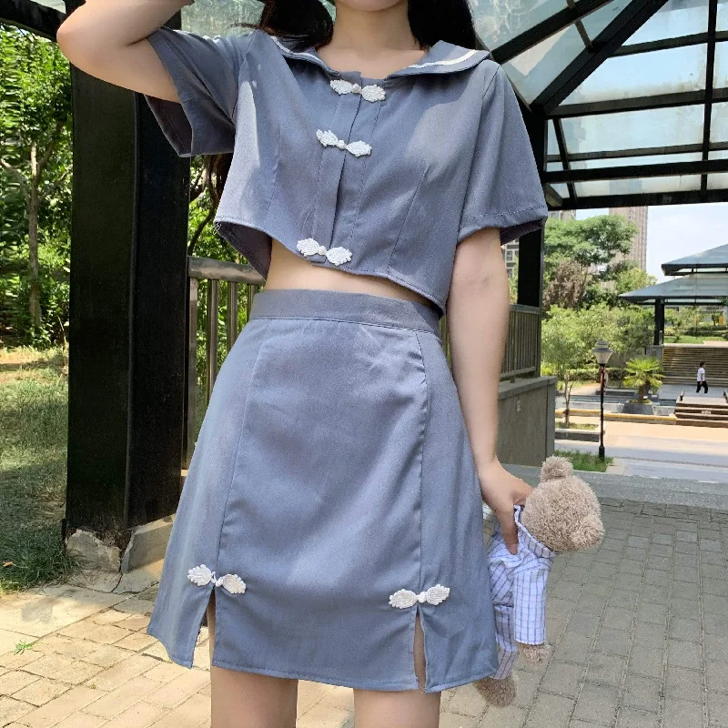 Women's Chinese Peter Pan Collar Short Tops And Splited High-waisted Short Skirts