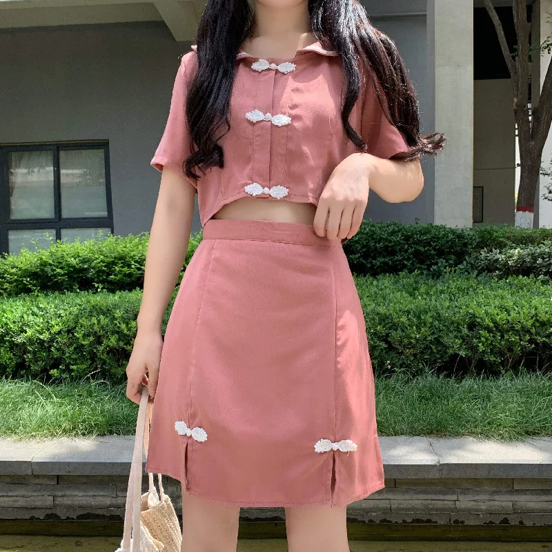 Women's Chinese Peter Pan Collar Short Tops And Splited High-waisted Short Skirts