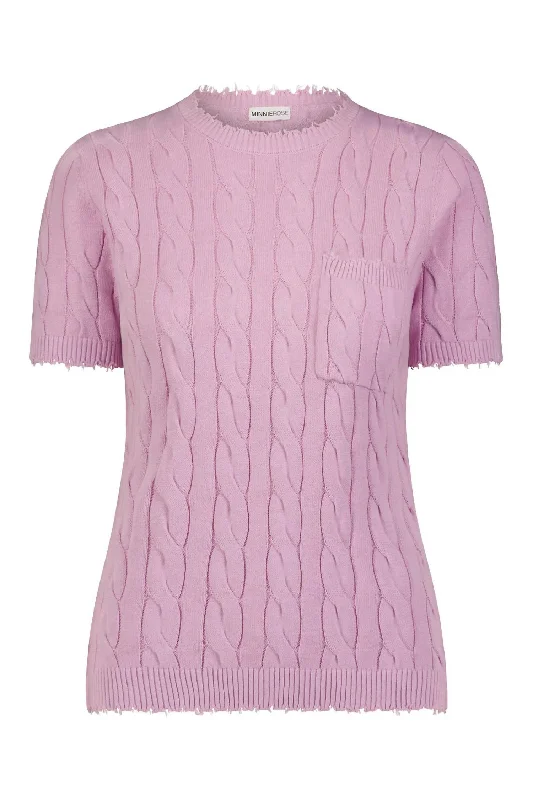 Women's Cotton Frayed Cable Short Sleeve Tee With Pocket In Roseate