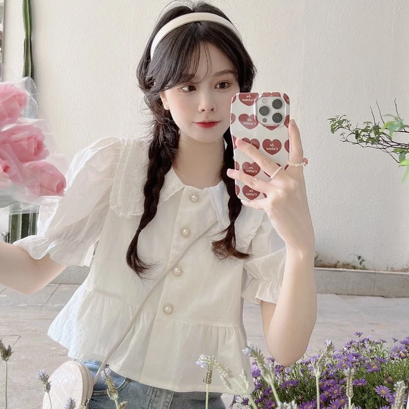 Women's Cute Peter Pan Collar Puff Sleeved White Shirt