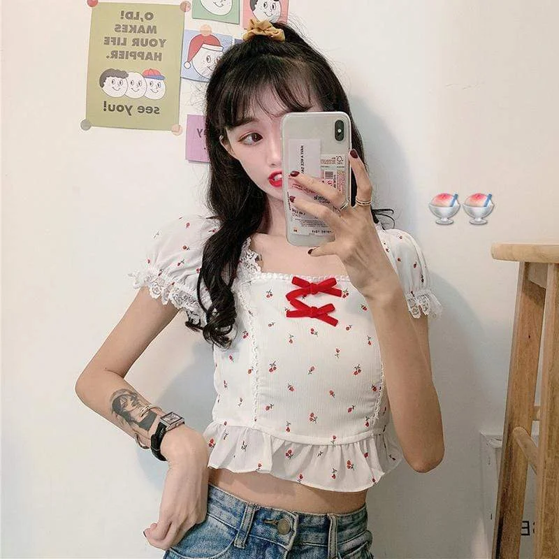 Women's Cute Square Color Floral Short Tops