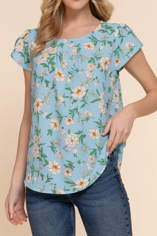 Women's Floral Print Woven Top with Short Tulip Sleeves Round Neck