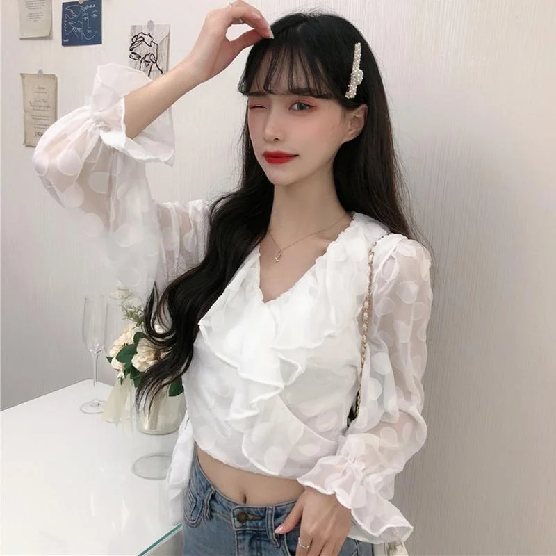 Women's Harajuku Lace-up Toned Horn Sleeved Short Tops