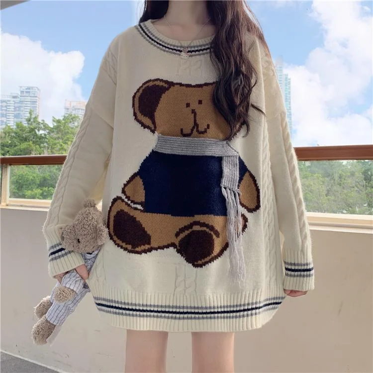 Women's Kawaii Big Bear Embroidered Stripe Hem Long Sweaters