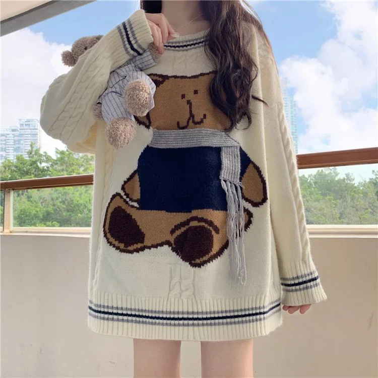 Women's Kawaii Big Bear Embroidered Stripe Hem Long Sweaters