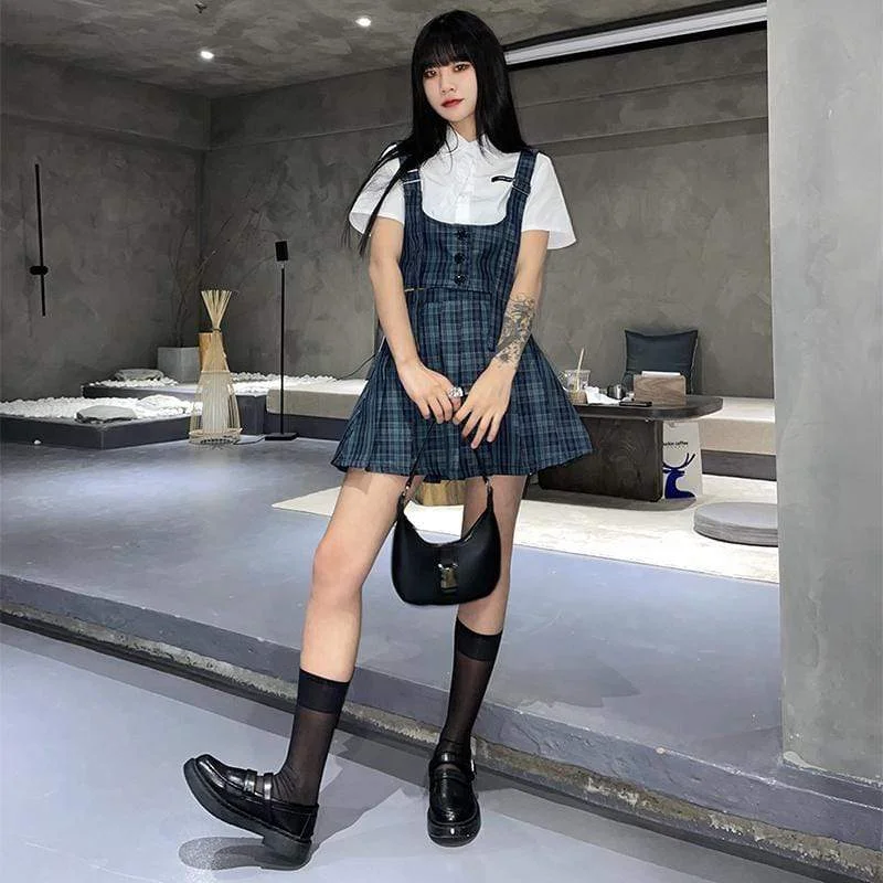 Women's Kawaii Blue Plaid Single-breasted Vest&Pleated Skirts