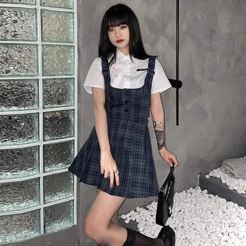 Women's Kawaii Blue Plaid Single-breasted Vest&Pleated Skirts