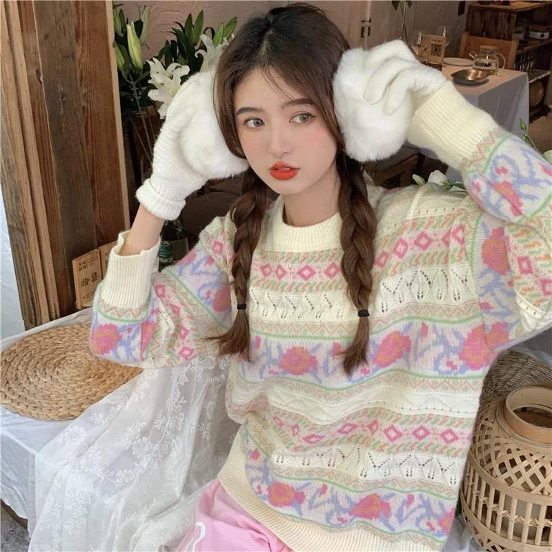 Women's Kawaii Cutout Floral Knitted Sweater