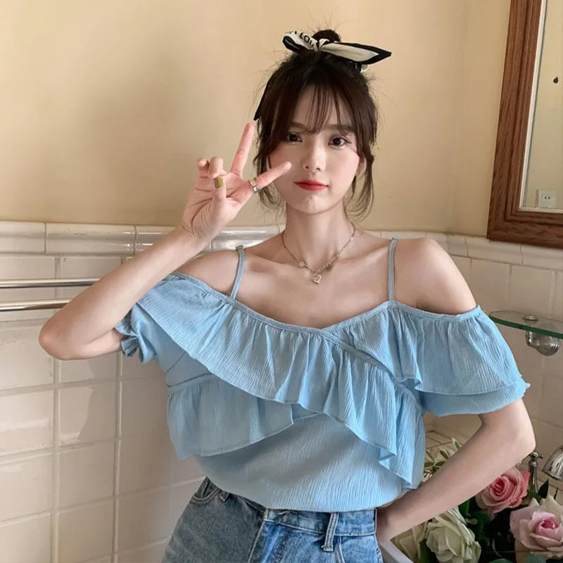 Women's Kawaii Off Shoulder Ruffles Short Sleeved Shirts