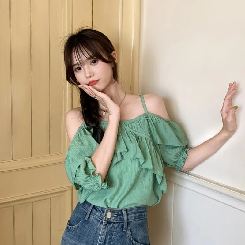 Women's Kawaii Off Shoulder Ruffles Short Sleeved Shirts