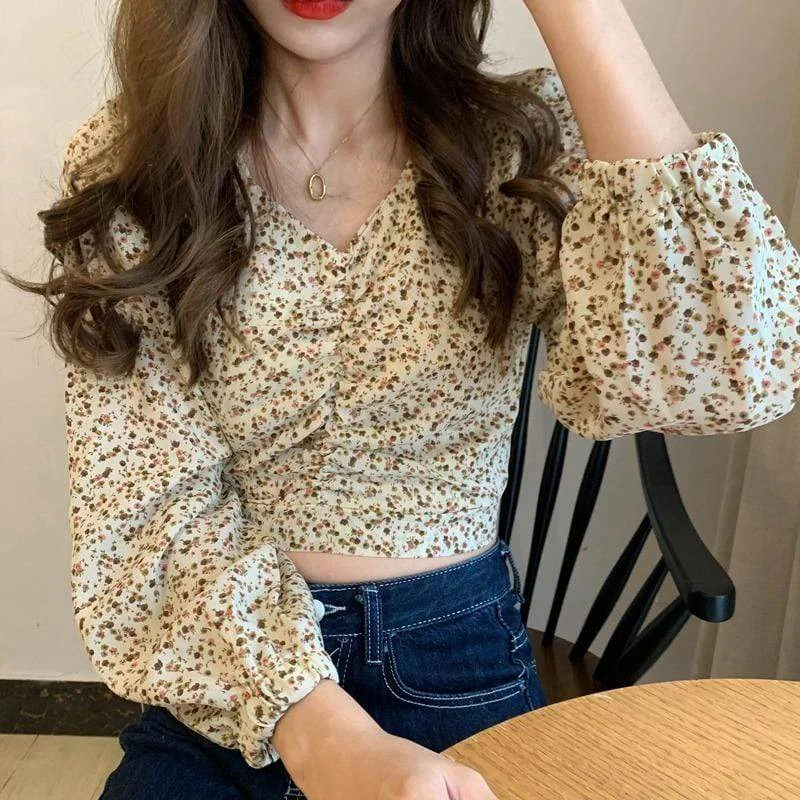 Women's Kawaii Puff Sleeved Floral Short Shirt