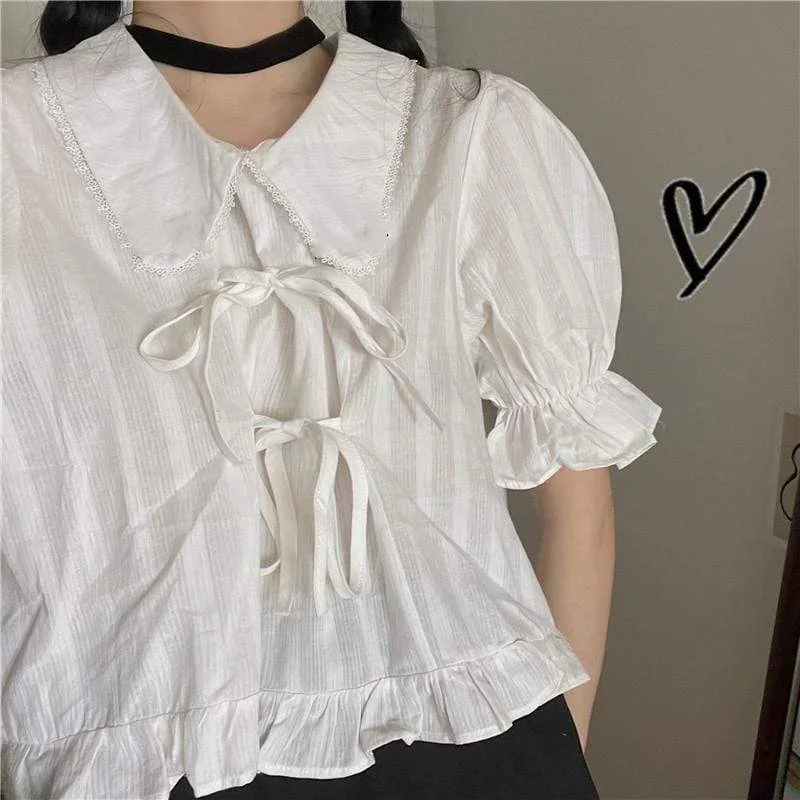 Women's Kawaii Puff Sleeved Lace-Up Short Shirts Women's Kawaii Layered A-line Skirts