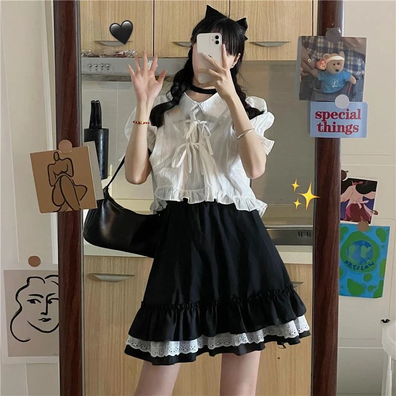 Women's Kawaii Puff Sleeved Lace-Up Short Shirts Women's Kawaii Layered A-line Skirts