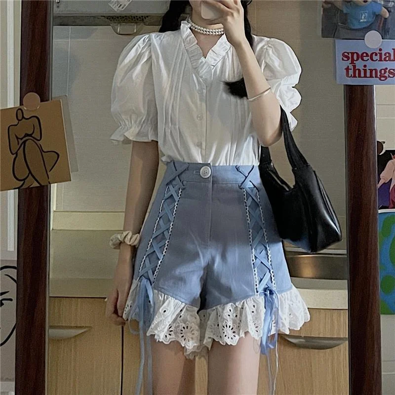 Women's Kawaii Puff Sleeved Shirts and Drawstring Shorts