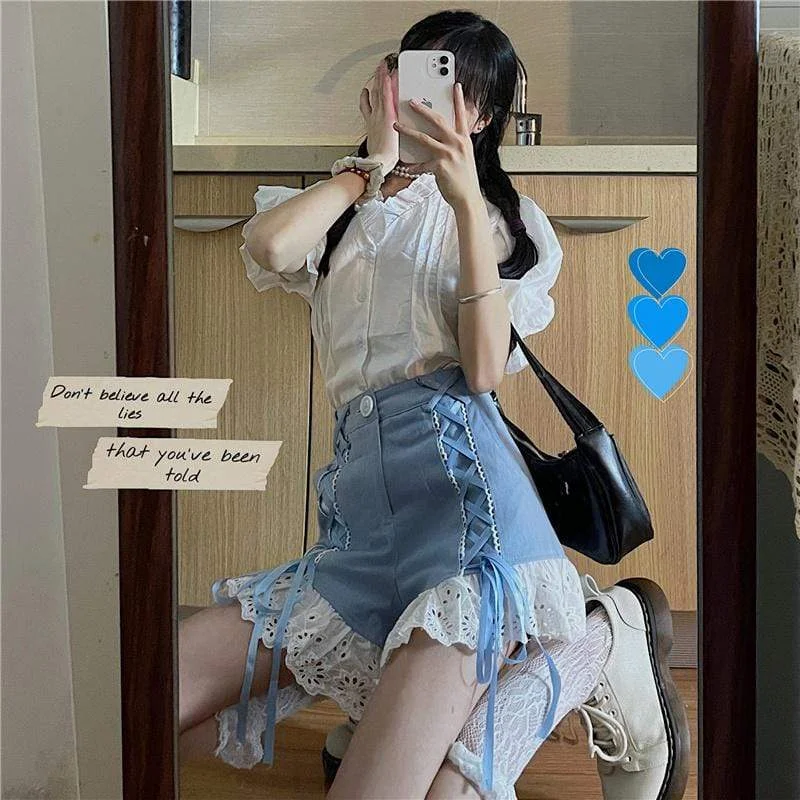 Women's Kawaii Puff Sleeved Shirts and Drawstring Shorts