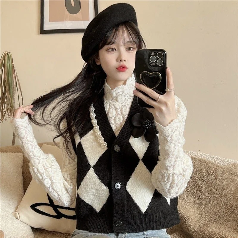 Women's Kawaii Rhombic Plaid Knitted Wasitcoat