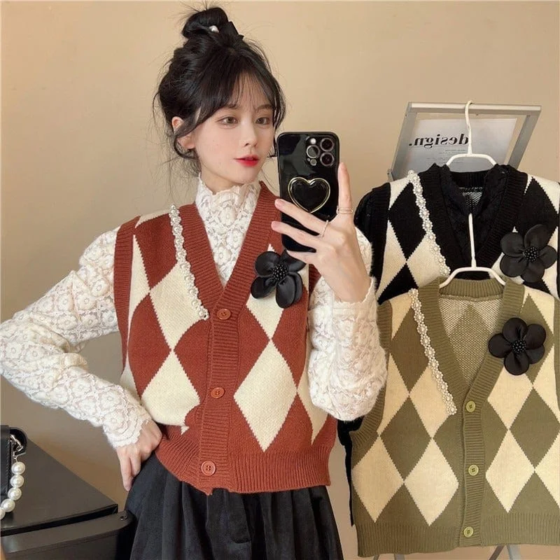 Women's Kawaii Rhombic Plaid Knitted Wasitcoat