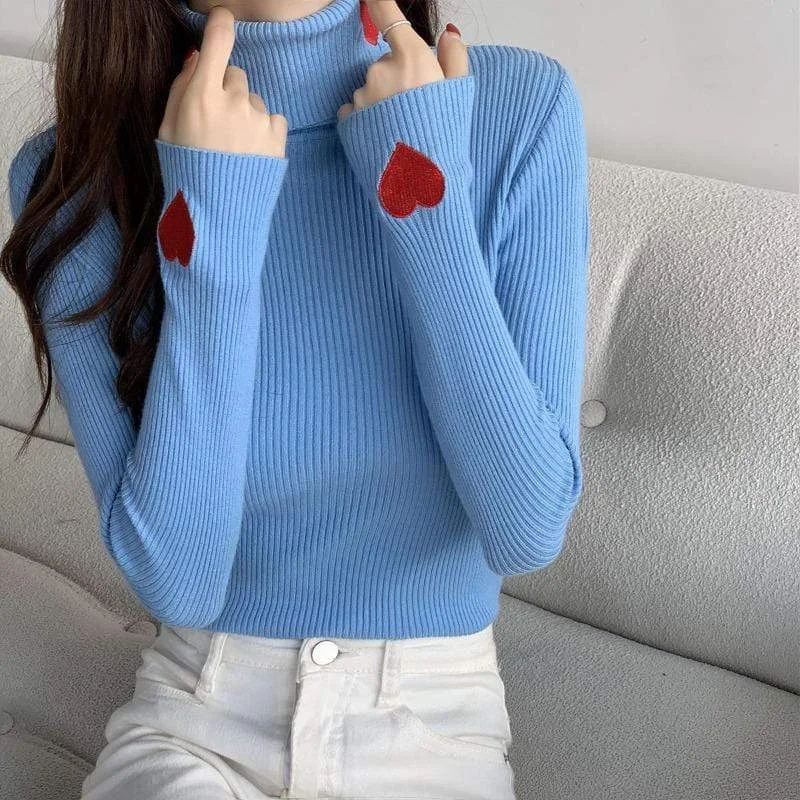 Women's Kawaii Turtleneck Heart Embroidered Sweater