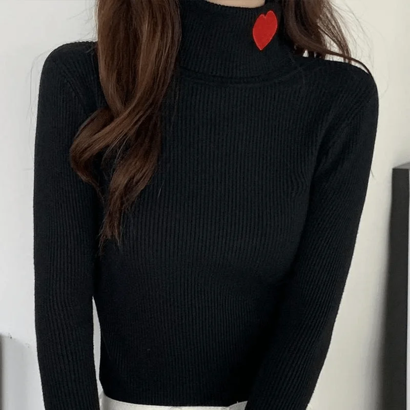 Women's Kawaii Turtleneck Heart Embroidered Sweater