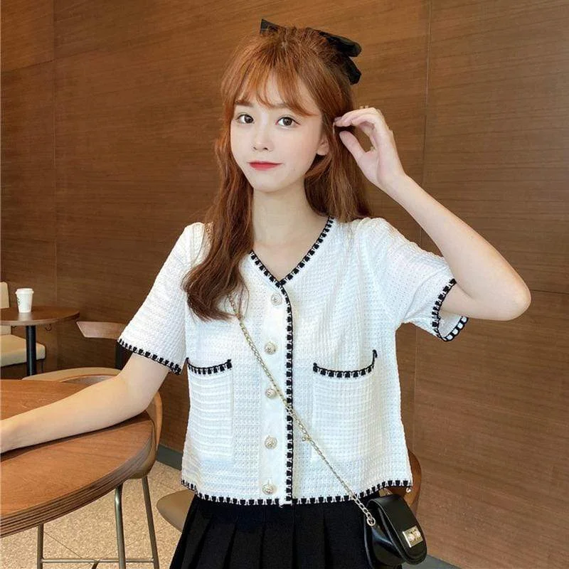 Women's Kawaii V-neck Kintted Short Tops