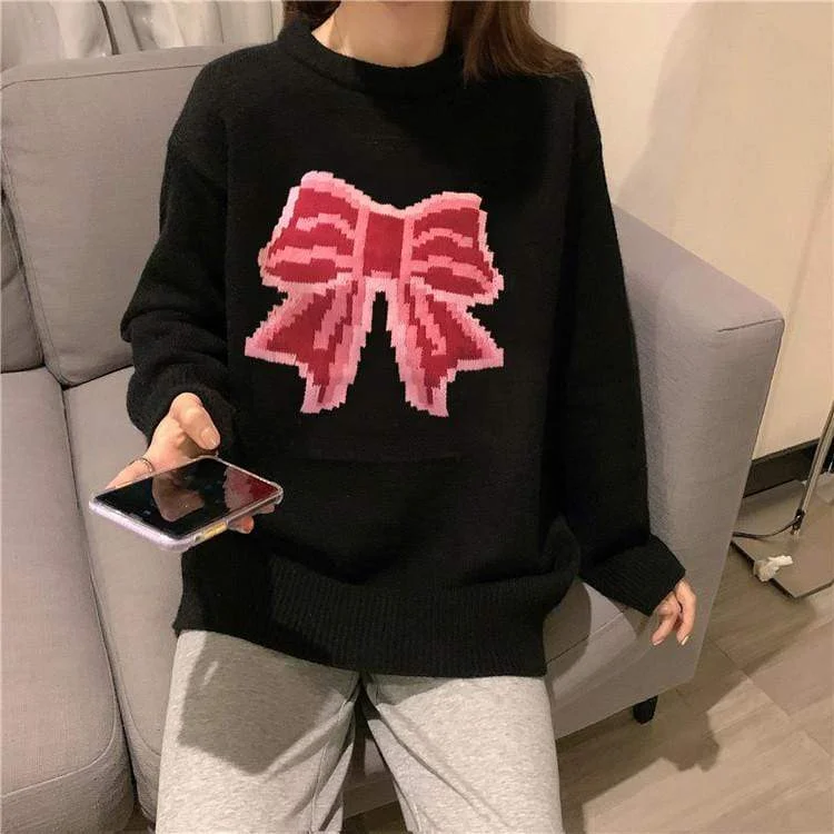 Women's Korean Fashion Big Bowknot Embroidered Loose Sweaters 