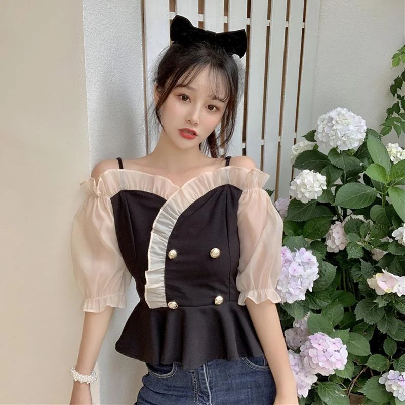 Women's Korean Fashion Chiffon Splicing Puff Sleeved Tops