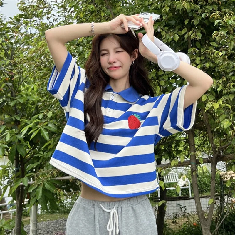 Women's Korean Fashion Strawberry Stripe Short Sleeved Polo Shirt